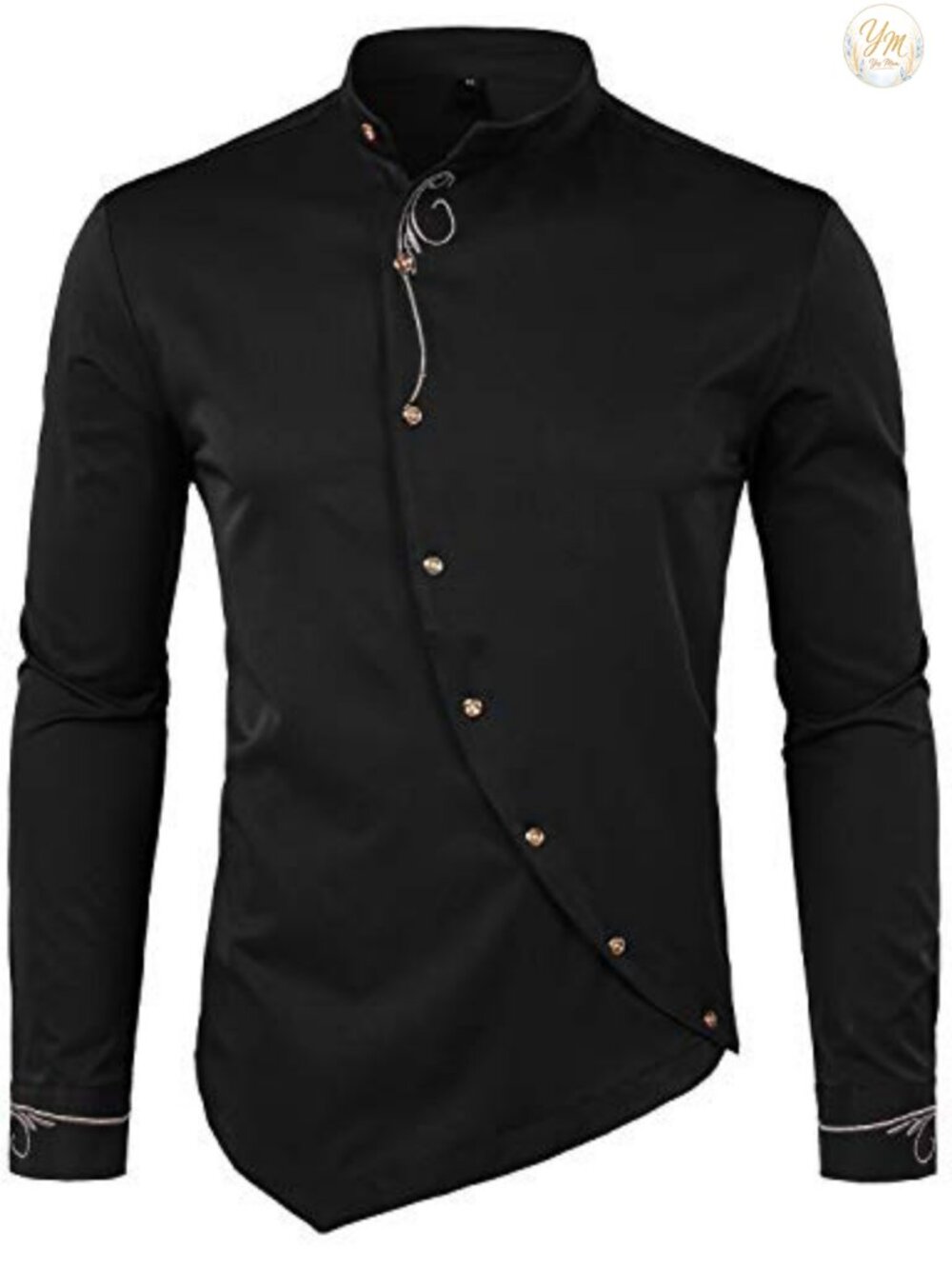 Mens Mandarin Collar Embroidery Slim Fit Long Sleeve Dress Shirt